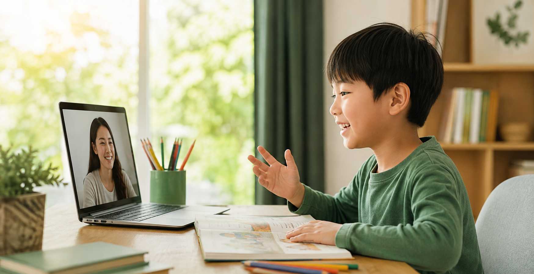 孩子在家中通过视频和老师上英语课
